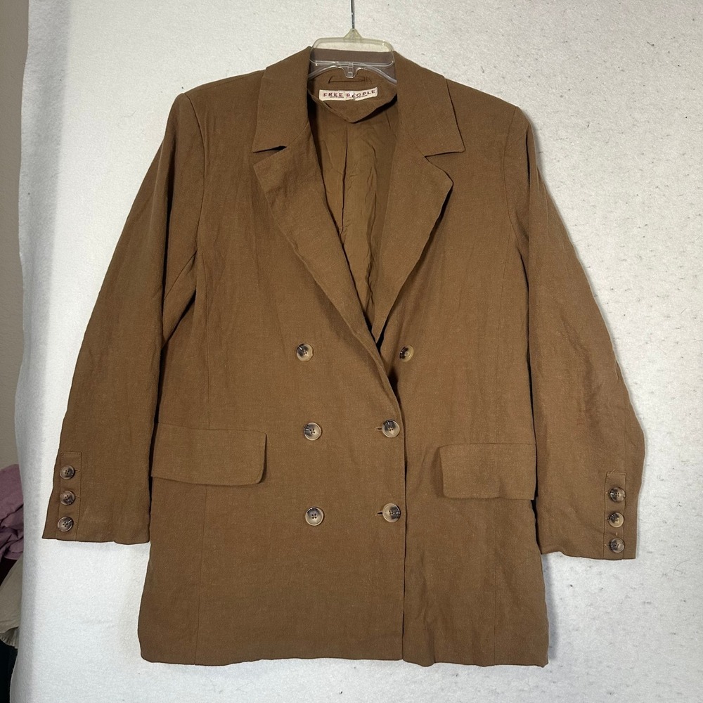 Free People Brown Linen Blend Double Breasted Blazer Jacket Small